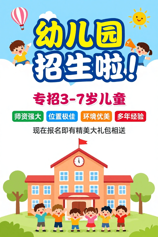 清新蓝白配色素材：清新蓝白童趣风幼儿园招生海报