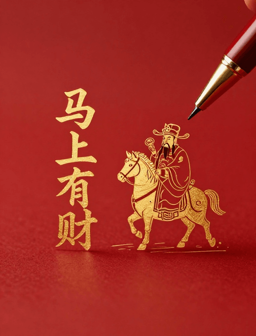 财运象征素材：鎏金古印‘马上有财’与财神萌马的极简红底艺术