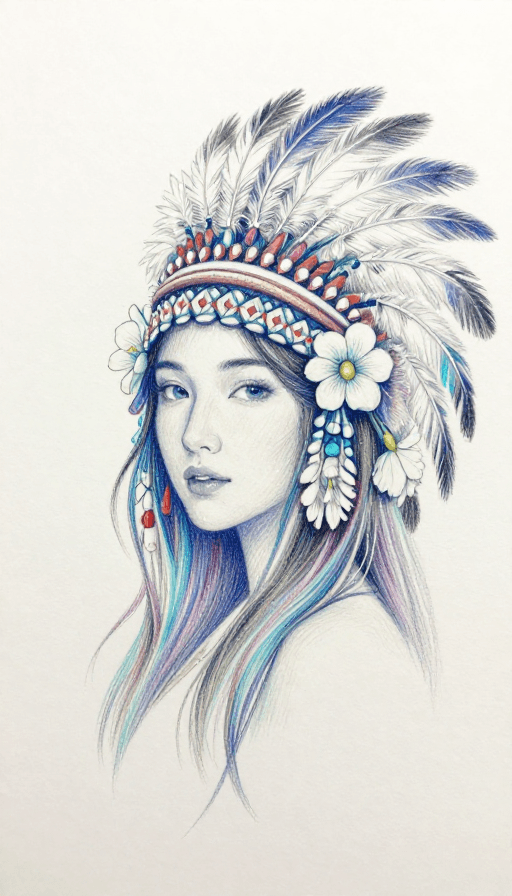 彩色铅笔素描素材：蓝青系印第安头饰美女肖像：彩色铅笔素描风