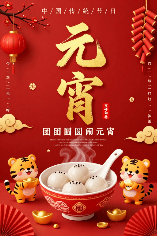 吉祥文化素材：金红元宵佳节贺岁：传统与现代融合的节日海报