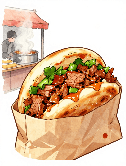 手绘漫画素材：手绘肉夹馍特写：焦香四溢的街头美味