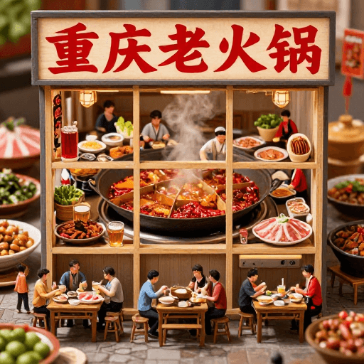 微距摄影素材：重庆老火锅巨幅微缩模型：街头美食场景实拍