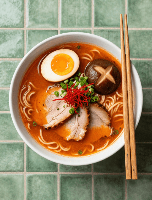 日式拉面素材：橙红汤底劲道拉面，复古风情美食摄影