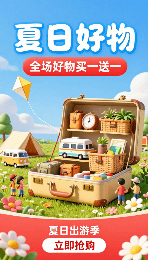 3D插画素材：夏日露营好物推荐，买一送一狂欢季