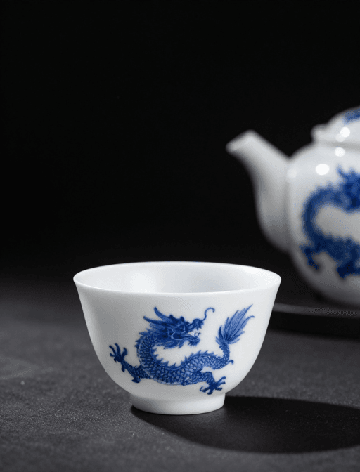 高端礼品素材：青花瓷磨砂茶具：传统龙凤纹饰，高端礼赠之选