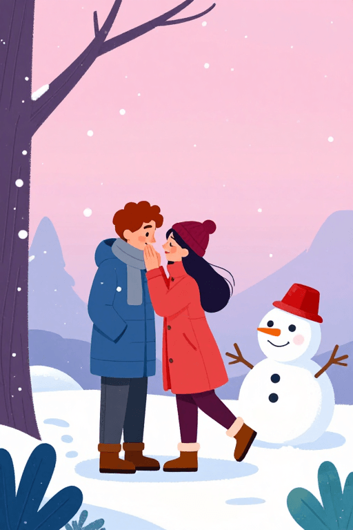 温馨插画素材：粉紫渐变冬日雪景插画，情侣与雪人温馨互动