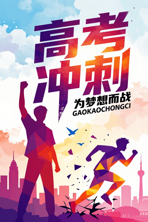 低多边形插画素材：青春力量：高考冲刺艺术海报设计