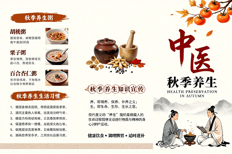 传统书法素材：中式秋季养生三折页海报设计