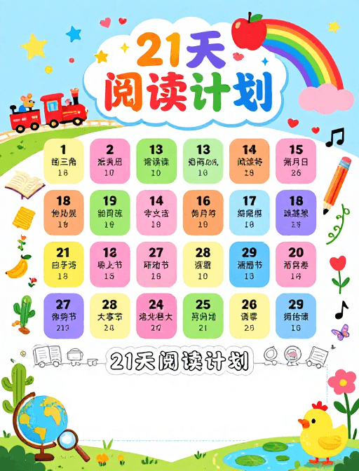 儿童阅读素材：童趣21天阅读计划插画海报