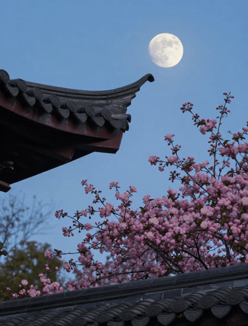 春日实景素材：月色海棠映屋檐：春日实景写真