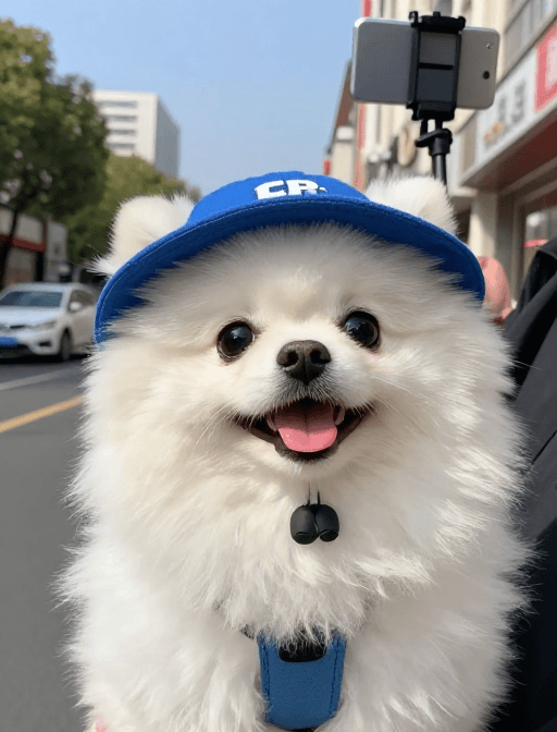 生活记录素材：蓝帽博美萌宠街头自拍大特写