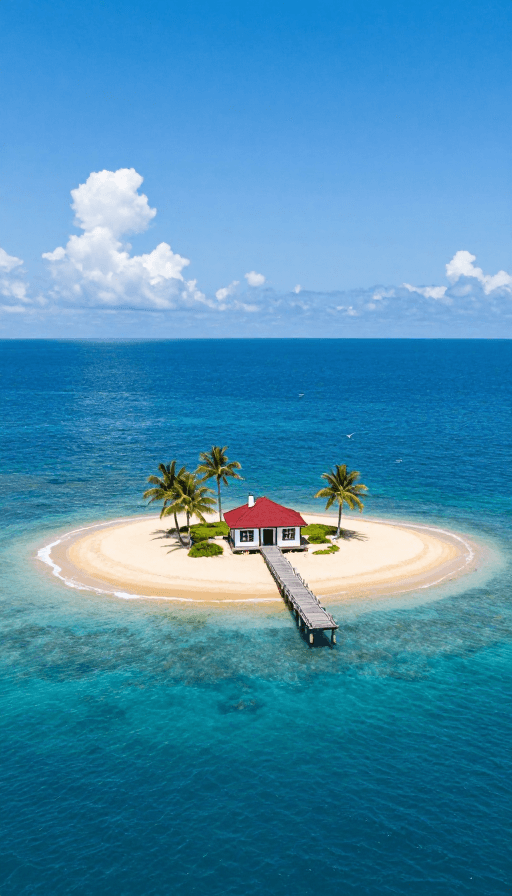 碧海蓝天素材：碧海蓝天的宁静孤岛，红顶木屋与椰林共绘纯净画卷