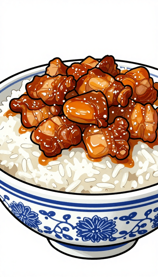 手绘漫画素材：手绘漫画风特写：油润红烧肉盖浇饭的诱人细节