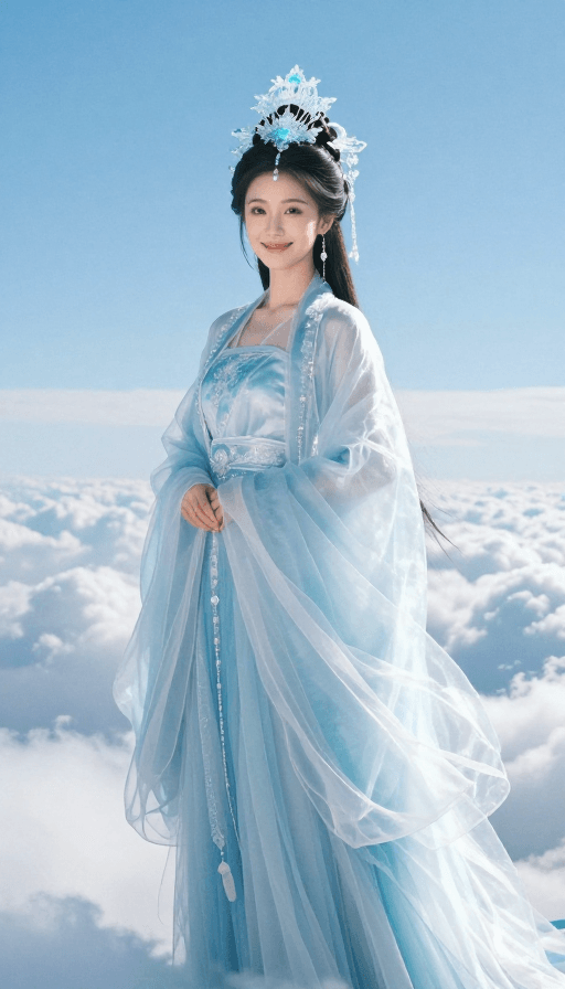 云端场景素材：冰蓝仙子云端微笑：超真实古风人像大片