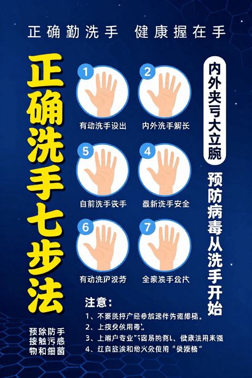 教育海报素材：正确洗手七步法：现代科技风健康守护指南