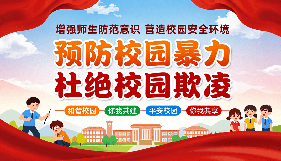 平安校园素材：红色中国风校园安全警示海报：预防暴力守护平安