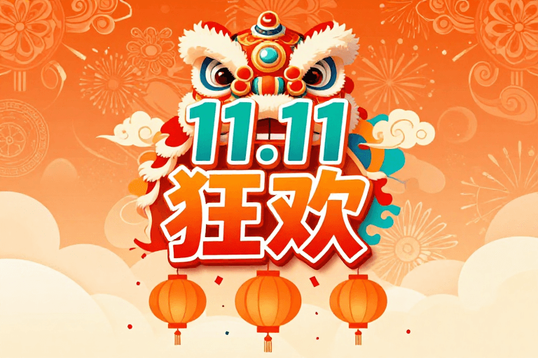 电商海报素材：中国舞狮插画与11.11狂欢主题