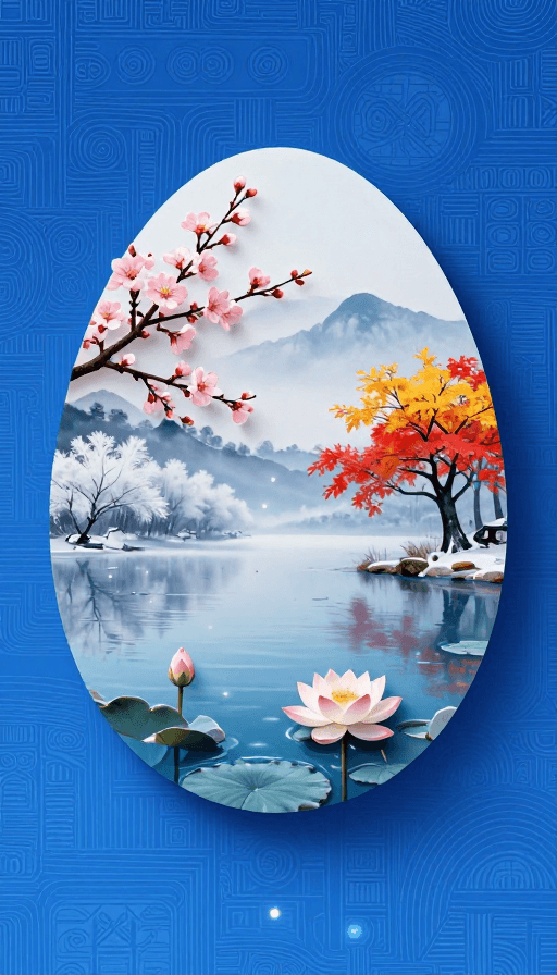 新中式风格素材：新中式蛋形层叠·四季幻境超现实艺术图