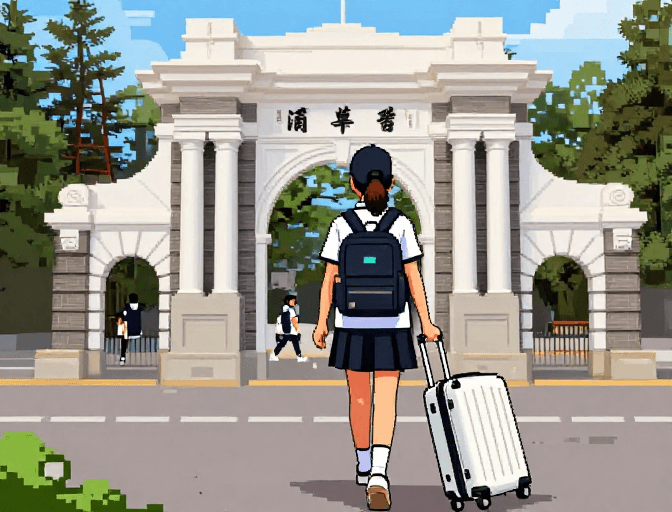 高考素材：像素风 2025 高考考生走向清华校园