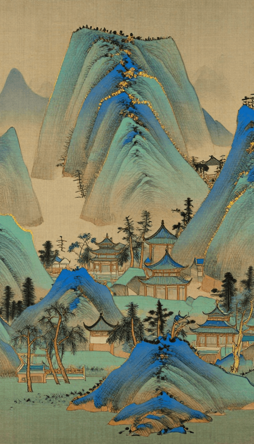 金色线条素材：金线勾勒蓝绿山水，工笔亭阁树木意境