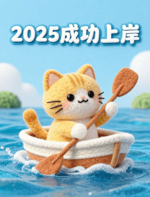 治愈系艺术素材：金渐层猫乘风破浪：羊毛毡2025上岸励志画