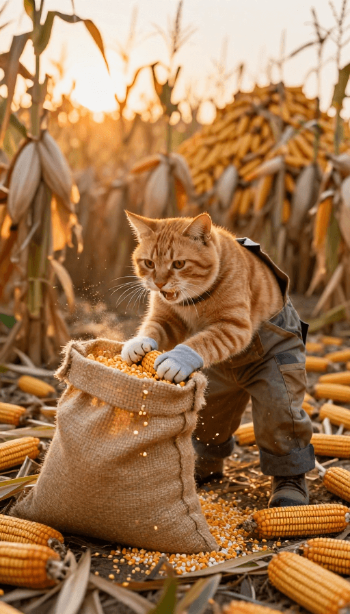 丰收主题素材：拟人橘猫丰收忙：麻袋装玉米的温馨田园瞬间