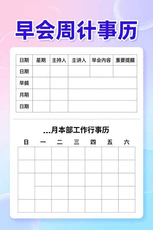 办公设计素材：清新职场月度计划表：早会周行事历与行政日历