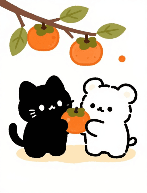 二次元素材：治愈系简笔画：黑猫白熊摘柿子的温暖午后