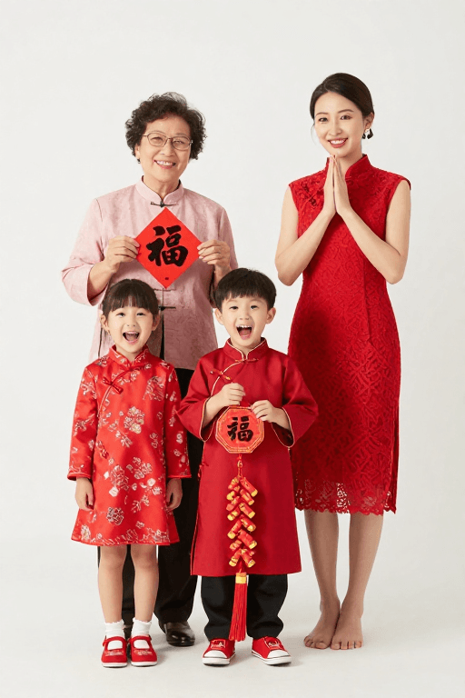 春节团圆素材：三代同庆笑迎新春 家庭团圆喜庆图