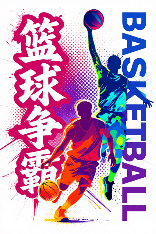 运动海报素材：活力街头篮球争霸：撞色涂鸦与中西文字艺术海报