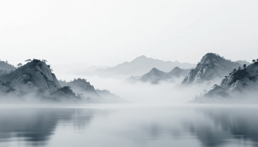 品牌背景素材：极简水墨山水：冷灰蓝雾境东韵