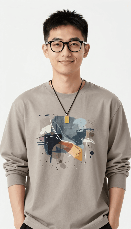 高质量摄影素材：高清暖男休闲穿搭：抽象T恤日常造型展示