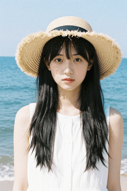 低饱和度素材：日系胶片海边少女：草帽下柔光与蓝白黑的清新邂逅