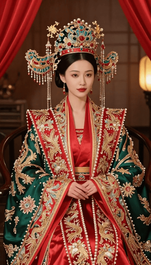 凤冠霞帔素材：奢靡古风嫁衣：红绿凤冠霞帔艺术摄影