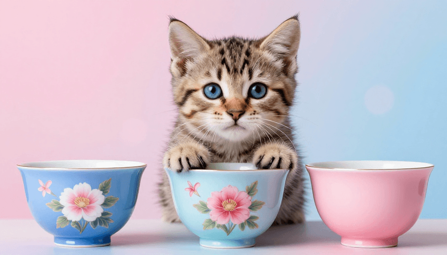 粉蓝渐变背景素材：虎斑猫抱花杯：粉蓝柔光下的萌宠广告