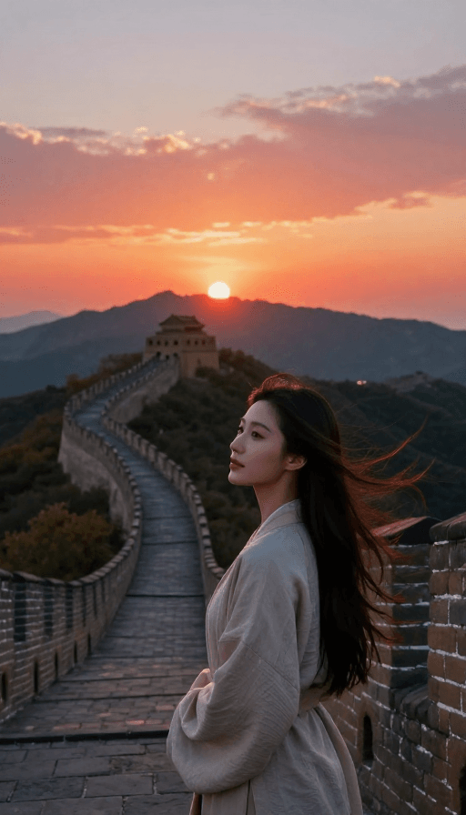 唯美意境素材：长城落日余晖中的清丽佳人超写实摄影