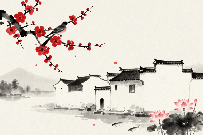 留白构图素材：水墨红梅映徽派，东方诗意画卷