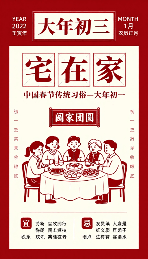 平面插画素材：2022壬寅年大年初三团圆家宴海报