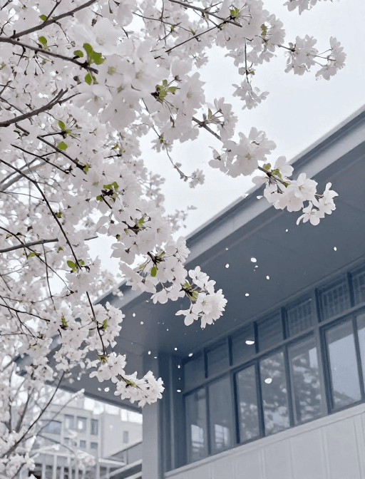 海棠花素材：海棠花海与现代建筑：圣洁如雪的初雪质感