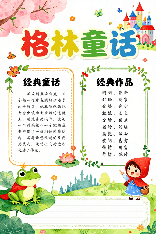 教学辅助素材：手绘水彩童话风海报，清新童趣展现格林经典故事