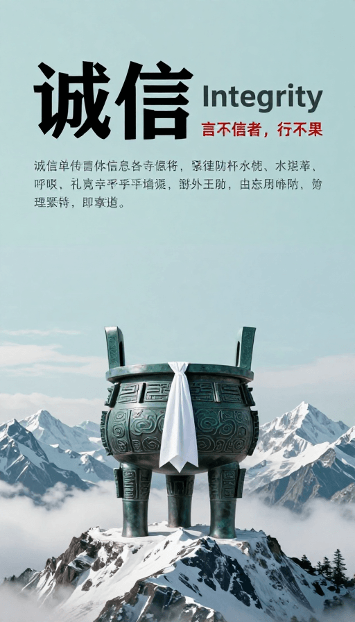 现代海报素材：青铜鼎雪山上彰显诚信之美