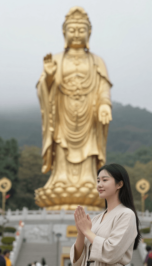 女子礼佛素材：美少女恭虔礼拜佛祖，静享心灵安宁