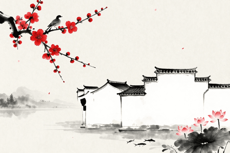 留白构图素材：水墨红梅与徽派建筑：东方诗意画卷