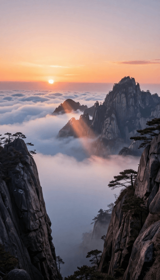 金色晨光素材：黄山日出：云海翻腾中的金色奇观
