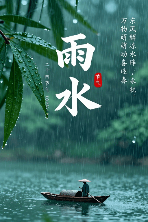 雨水节气素材：中国风二十四节气雨水海报，深绿青绿清新意境