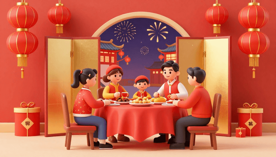 C4D渲染素材：春节团圆盛宴，温馨3D全家福