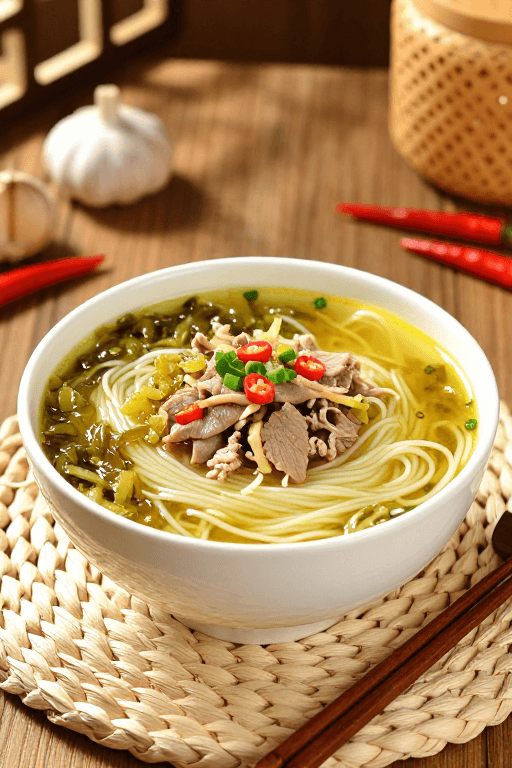 暖色调素材：酸菜肉丝汤面高清摄影，暖光呈现诱人美食细节
