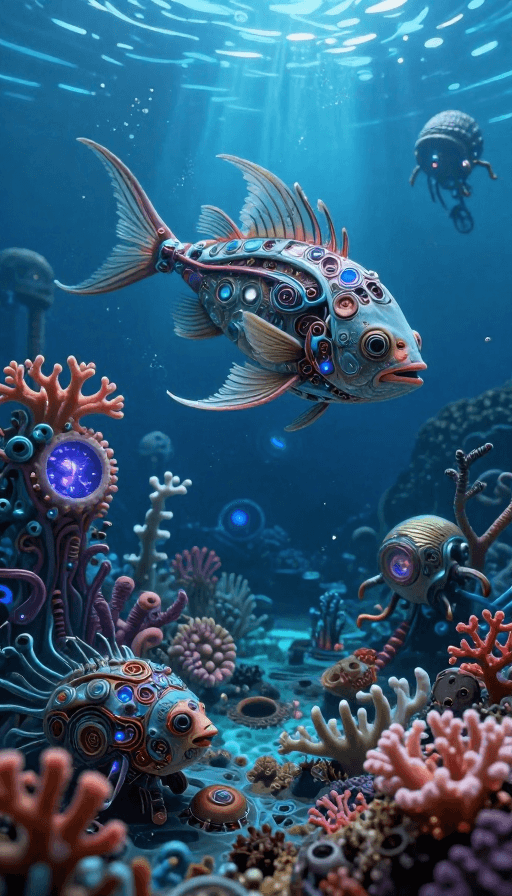 科幻艺术素材：机械深海奇观：神秘生物与能量光纹的梦幻邂逅