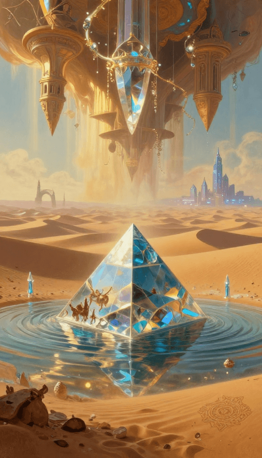 沙漠幻境素材：超现实沙漠幻境：琉璃宫殿与水晶金字塔的史诗光影