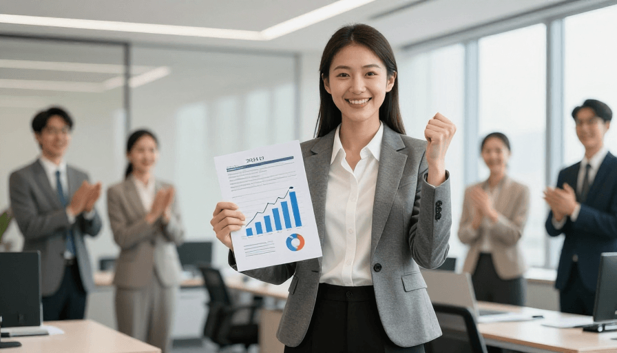 现代办公室素材：亚洲女性自信展示2024 Q1业绩，办公庆祝时刻